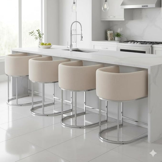 Modern Counter Height Linen Upholstered Bar Stools Set of 4, 24" Kitchen Counter Island Stools Bar Chairs with Chrome Finish Metal Frame for Kitchen Island, Cream