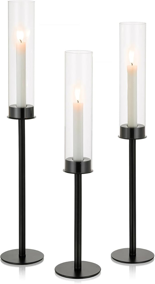 NUPTIO Hurricane Glass Candle Holders: 3 Pcs 23.6 & 21.7 & 19.7 in Tall Black Modern Metal Candlestick Tapers Holder with Cylinder Sleeves Antique Taper Candles Stand for Halloween Christmas Decor