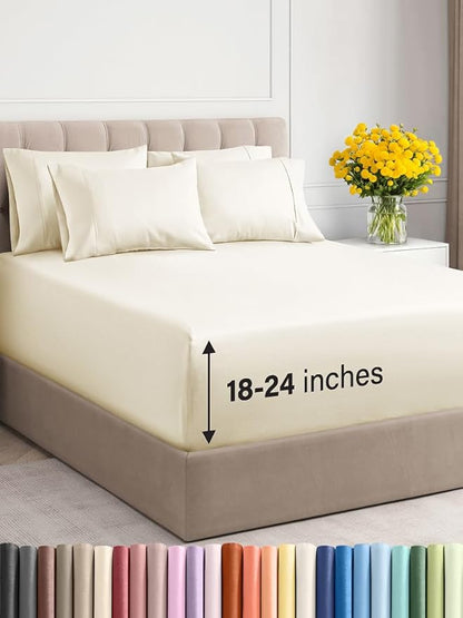 Extra Deep King Sheet Set - 6 Piece Breathable & Cooling Sheets - Hotel Luxury Bed Sheets Set - Easy & Secure Fit - Soft, Wrinkle Free & Comfy Sheets Set - Off White Sheet Set with Extra Deep Pockets