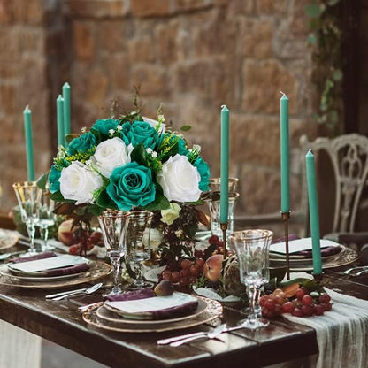 BLOSMON Teal Flowers Ball Decorations: 2 Pcs Fake Roses Flower Centerpiece for Wedding Table - Artificial Silk Kissing Bouquet Floral Arrangement for Home Party Event Decor