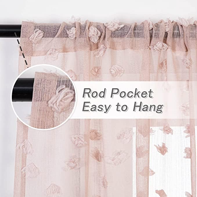 MYSKY HOME Pink Sheer Short Curtains with Pom Pom for Small Windows Dusty Rose Bedroom Nursery Kids Girls Room Curtains Cafe Kitchen Light Filtering Boho Drapes, Rod Pocket,52 x 54 Inches, 2 Panels