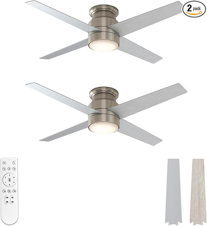 warmiplanet Flush Mount Ceiling Fans with Lights and Remote Control, 52-Inch, Brushed Nickel, 4-Blades, 2 Pack