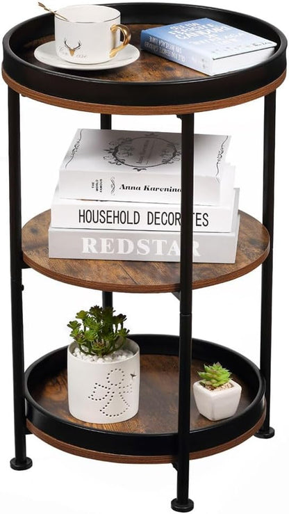 Dulcii Side Table, Round End Table with 3 Storage Shelves for Living Room, Bedroom, Nightstand with Steel Frame for Small Spaces, Industrial Round Sofa Table, Outdoor Accent Coffee Table, Rustic Brown