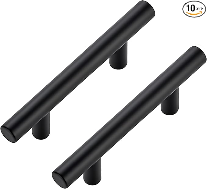JOY DECOR 10 Pack Cabinet Handles, Black Cabinet Pulls, 3 in Hole Center Kitchen Hardware, Stainless Steel T Bar Handles for Dresser Drawers
