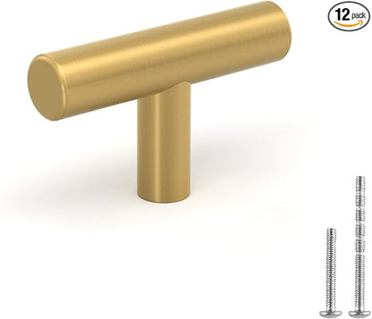 LONTAN 12 Pack Gold Drawer Knobs for Dresser Kitchen Cabinet Knobs Gold Hardware for Cabinets Brushed Brass T Bar Knobs for Dresser Bathroom，Stainless Steel