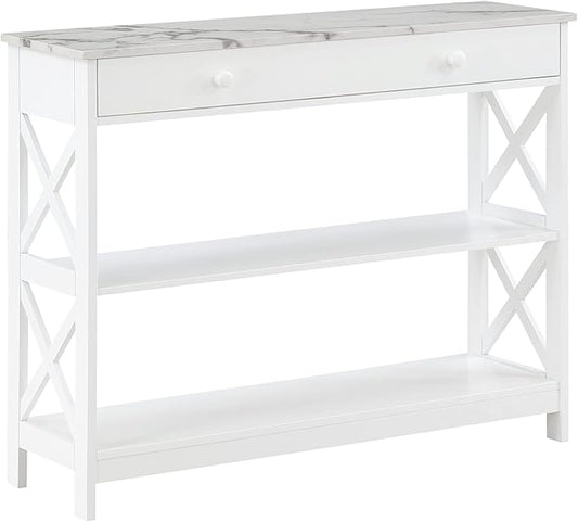 Convenience Concepts Oxford 1 Drawer Console Table with Shelves, White Faux Marble/White