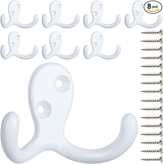 IBosins 8 Pack Heavy Duty Double Prong Coat Hooks Wall Mounted with 16 Screws Retro Double Hooks Utility Hooks for Coat, Scarf, Bag, Towel, Key, Cap, Cup, Hat