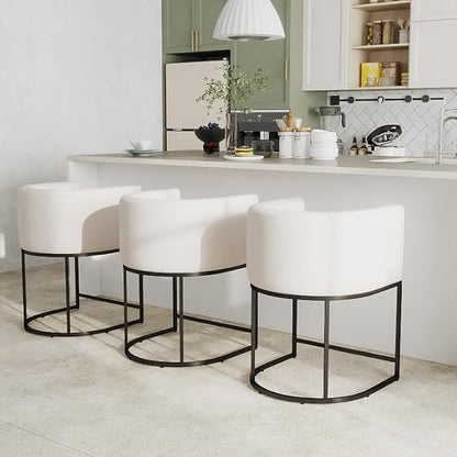 Modern Counter Height Linen Upholstered Bar Stools Set of 3, 24" Kitchen Counter Island Stools Bar Chairs with Black Metal Frame, Cream
