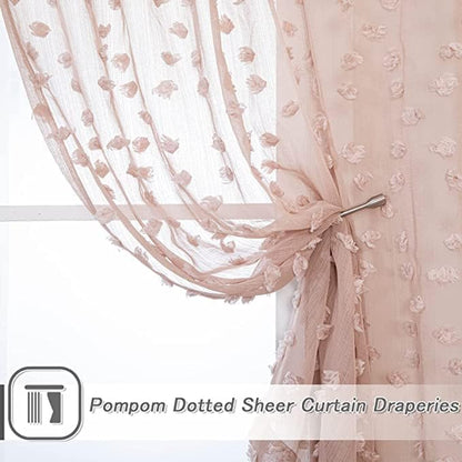 MYSKY HOME Pink Sheer Short Curtains with Pom Pom for Small Windows Dusty Rose Bedroom Nursery Kids Girls Room Curtains Cafe Kitchen Light Filtering Boho Drapes, Rod Pocket,38 x 54 Inches, 2 Panels
