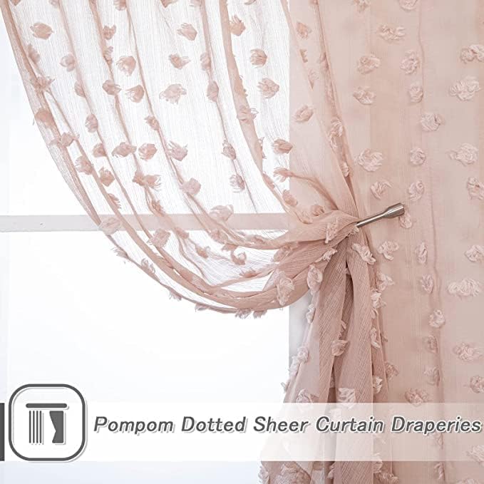 MYSKY HOME Pink Sheer Short Curtains with Pom Pom for Small Windows Dusty Rose Bedroom Nursery Kids Girls Room Curtains Cafe Kitchen Light Filtering Boho Drapes, Rod Pocket,52 x 54 Inches, 2 Panels