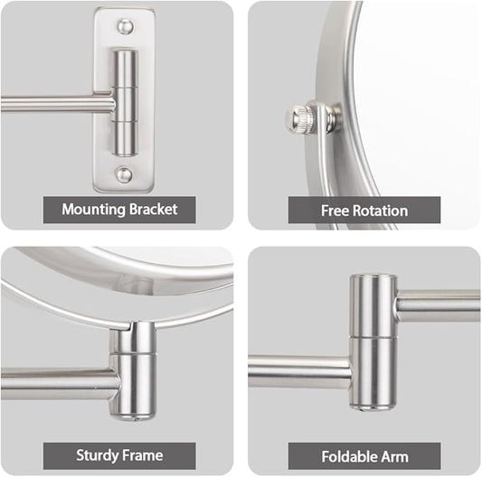 Cerdeco 8 Inch 10X Double Sided Makeup Wall Mount Mirror With Nickel Plated Finish - 360 Swivel Extendable Cosmetic Shaving Magnification