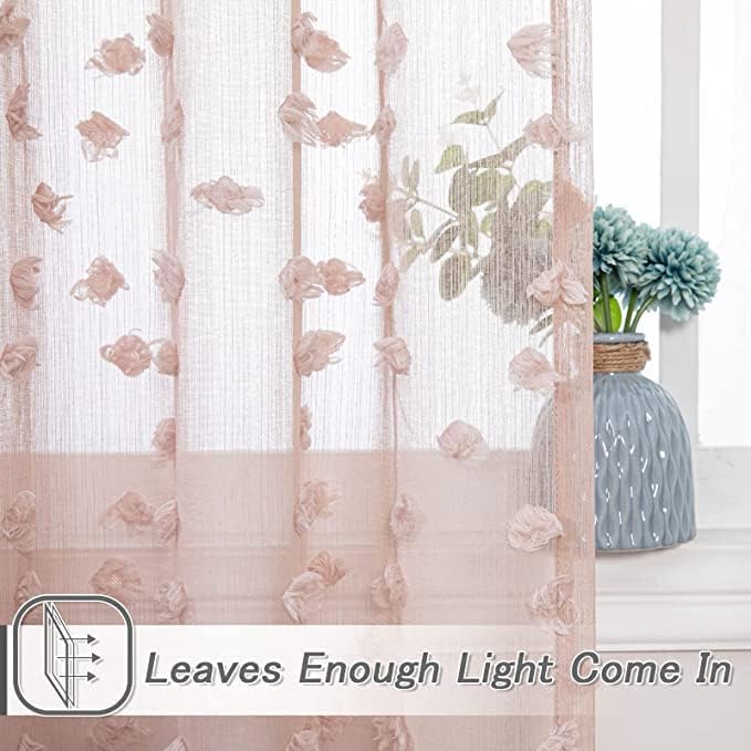 MYSKY HOME Pink Sheer Short Curtains with Pom Pom for Small Windows Dusty Rose Bedroom Nursery Kids Girls Room Curtains Cafe Kitchen Light Filtering Boho Drapes, Rod Pocket,52 x 45 Inches, 2 Panels