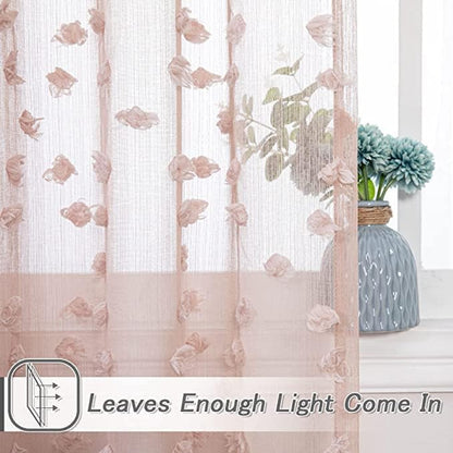 MYSKY HOME Pink Sheer Short Curtains with Pom Pom for Small Windows Dusty Rose Bedroom Nursery Kids Girls Room Curtains Cafe Kitchen Light Filtering Boho Drapes, Rod Pocket,52 x 54 Inches, 2 Panels