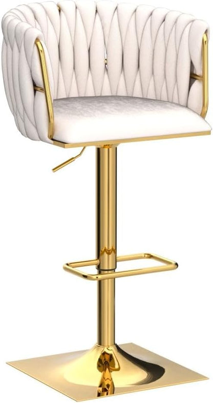 NIOIIKIT Bar Stool Set of 2, Velvet Upholstered Swivel Barstool, Counter Height Chair with Hand Woven Backrest, Dining Barstool with Footrest, Bar Chair for Kitchen Island, Pub (Ivory)