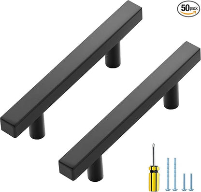 Ravinte 50 Pack Black Cabinet Handles 3 Inch Square Cabinet Pulls Matte Black Square Hardware for Kitchen Cabinets - 5 Inch Total Length