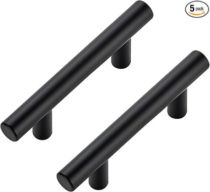 JOY DECOR 5 Pack Cabinet Handles, Black Cabinet Pulls, 2-1/2 in Hole Center Kitchen Hardware, Stainless Steel T Bar Handles for Dresser Drawers