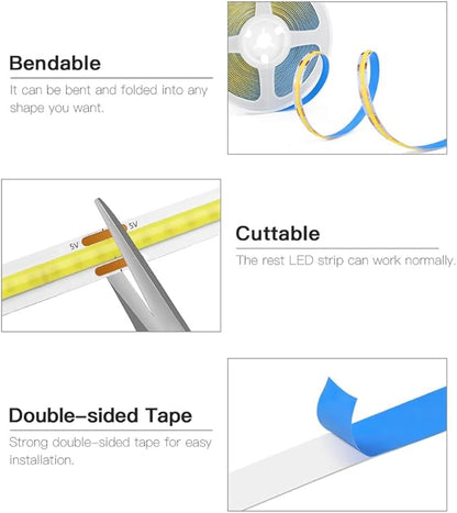 A 5V USB LED Light Strip, COB LED Strip Lights, White 5V LED Lights, Small LED Strip Light, TV Lights for TV Under Cabinet Kitchen Living Room Shelving or Displays (White, 3.28ft)