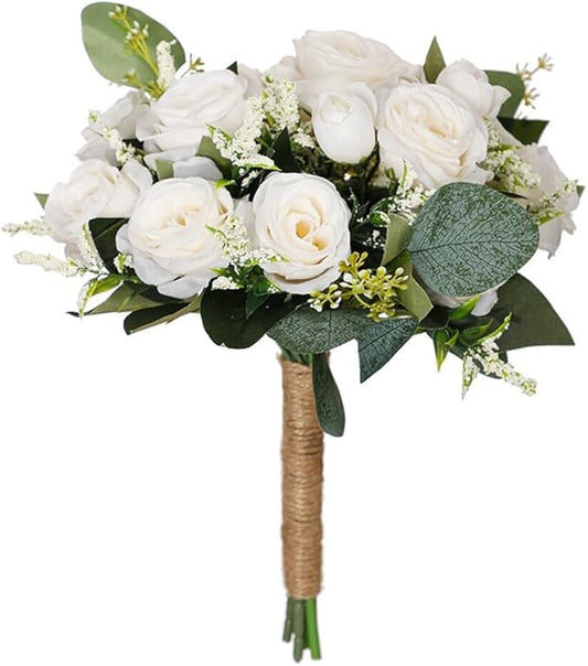 Artificial White Rose Wedding Bouquet - Faux Bride & Bridesmaid Bouquet for Wedding Decor