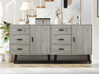 Iwell Storage Cabinet with 3 Drawers & Adjustable Shelf, Sideboard Buffet Cabinet, Small Freestanding Floor Storage Unit, for Living Room, Home Office, Rustic Grey