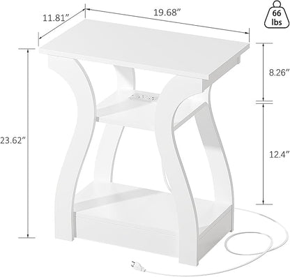 End Tables Living Room Set of 2,End White Table with Charging Station, Side Table, Nightstand for Bedroom, 3 Tier End Table with Storage Shelf for Living Room White