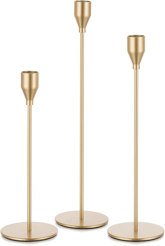Gold Taper Candle Holders: Tall Candlestick Holder for Table Centerpiece Set of 3 Metal Candles Stick Holders Stand Wedding Decor