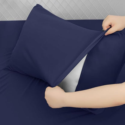 Queen Sheet Set for Air Mattress - Sheets Queen Size Bed Set - 3Pcs Side Storage Pocket Fitted Sheet & Pillowcases Easily Fits 16in to 24in Pillow Top Air Bed Mattress - Navy Blue