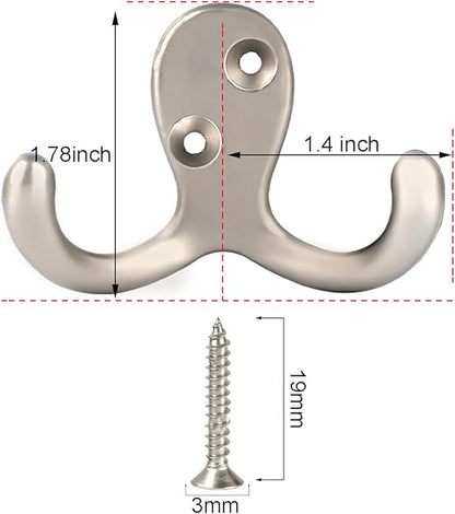 IBosins 16 Pack Heavy Duty Double Prong Coat Hooks Wall Mounted with 32 Screws Retro Double Hooks Utility Hooks for Coat, Scarf, Bag, Towel, Key, Cap, Cup, Hat(Silvery)