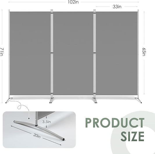RANTILA 3 Panel Room Divider, 6 Ft Tall Folding Privacy Screen Freestanding Room Partition Wall Dividers, 102''W x 20''D x 71''H, Grey