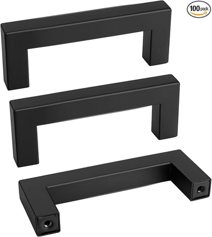 goldenwarm 100 Pack 3 Inch Black Cabinet Handles Matte Black Drawer Pulls Stainless Steel Cabinets Hardware Square Bar Modern for Kitchen Bathroom Cupboard