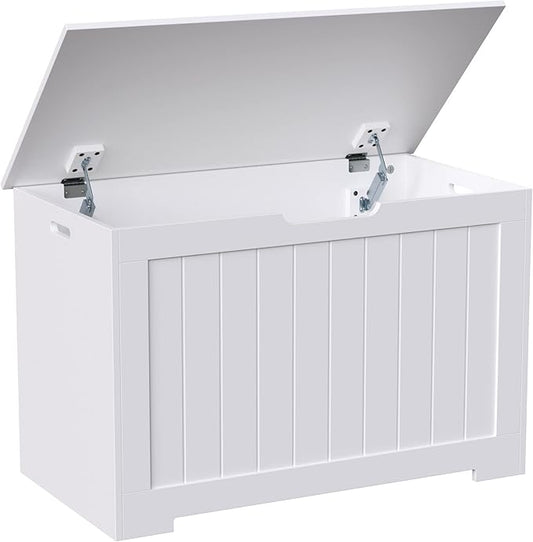 Toy Box Storage Chest for Girls Boys, Wooden Trunk Bench w/Flip-top Lid & Safety Hinge, Kids Play Room Nursery Organizer, Bedroom Storage w/ 100L Storage Area (White)
