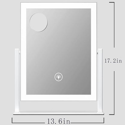 Lighted Makeup Mirror, 17.2"x13.6" Hollywood Vanity Mirror with Lights, Three Color Modes, Smart Touch Control, 360°Rotation,with 5X Magnifying Glass