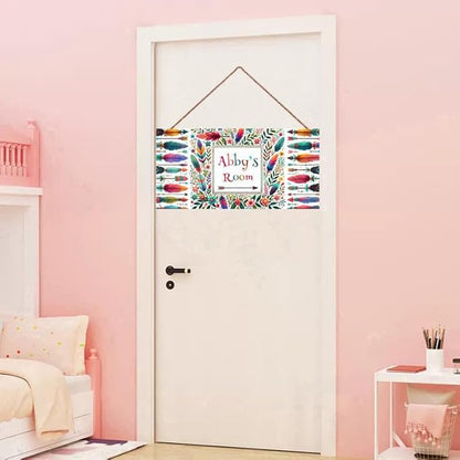 Personalized Name Sign Colorful Feather Decor For Girls Room and Baby Nursery Kids Bedroom Flowers Wood Plaque Hanging Wall Art Decor