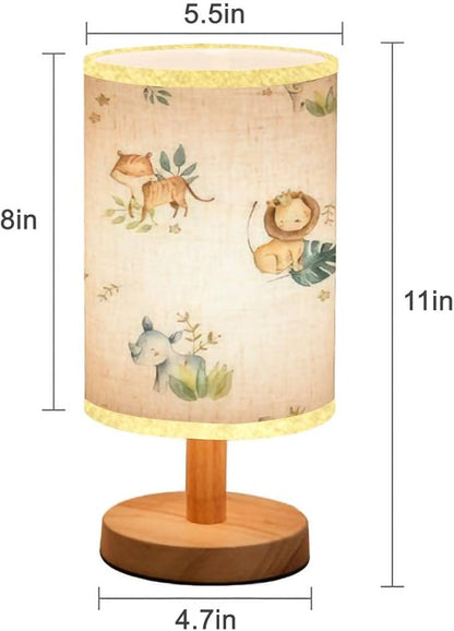 LOPYEIJFG Minimalist Bedside Table Lamp Safari Animals Watercolor Cute Baby Nursery Seamless Wood Nightstand Lamp Bedside Desk Lamp Wood Base Flaxen Fabric Shade for Bedroom Living Room, 5.5x11inch
