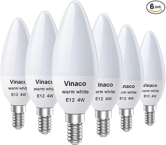 Vinaco E12 LED Bulb, 6 Pack E12 Candelabra Bulb 4 Watt Warm White 3000K, High Brightness 400LM & 25000+ Long Lifespan Bulb, E12 Candelabra Base Light Bulb for Ceiling Fan Light Bulb