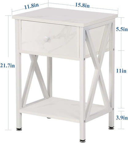 VECELO Nightstands Set of 2, Modern Bedside End Tables, Night Stands with Drawer and Storage Shelf for Living Room Bedroom, Industrial Metal Frame