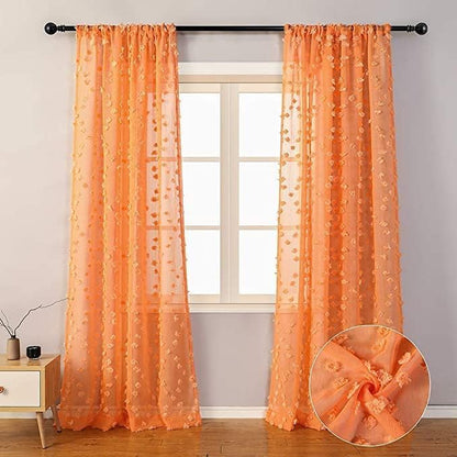 MYSKY HOME Pom Pom Orange Sheer Curtains for Bedroom Girls Room Curtains 84 Inches Long for Nursery Kids Light Filtering Boho Window Drapes, Rod Pocket, 52" Wide, 2 Panels