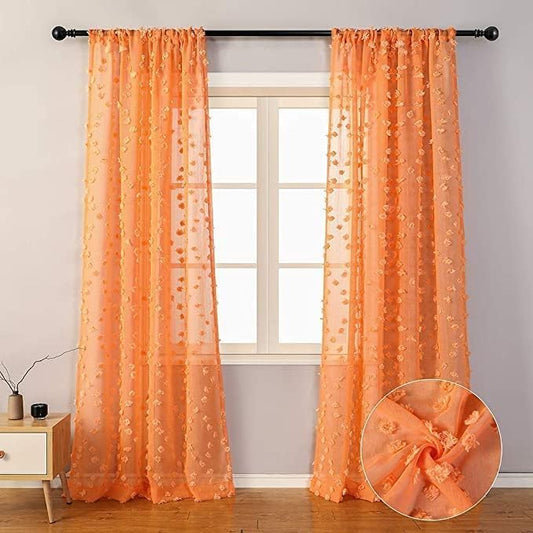MYSKY HOME Pom Pom Orange Sheer Curtains for Living Room Bedroom Light Filtering Semi-Sheer Curtains for Nursery Girls Kids Room Boho Rod Pocket Voile Draperies Orange 52 x 108 inch 2 Panels