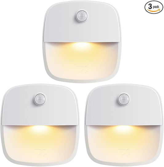 AMIR Upgraded Motion Sensor Light Indoor, Stair Lights Battery Operated, Cordless Stick-On LED Night Light for Closet, Hallway, Bathroom, Kitchen, Cabinet, Energy Efficient (Warm White - Pack of 3)