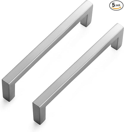 Ravinte 5 Pack Solid 5 Inch Center to Center Slim Square Bar Drawer Pulls - Kitchen Cabinet Handles in Brushed Nickel - Hardware for Drawers and Cabinets