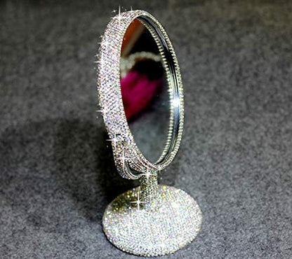 Bling Rhinestone Portable Magnified Double Sided Swivel Makeup Vanity Mirror, 360°Rotate Makeup Mirror Round Shaped Two-Sided Makeup Mirror (Silver)