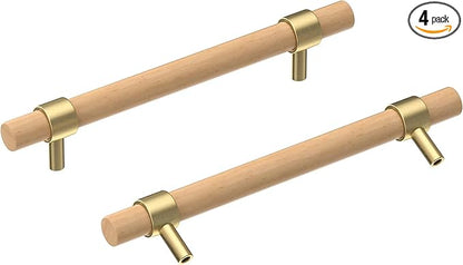 Wooden Drawer Pulls,4-Pack Beech Wood Drawer Handles 9in,Suitable for Kitchen, Living Room, Bedroom, Bathroom and Other Scenes,Gold