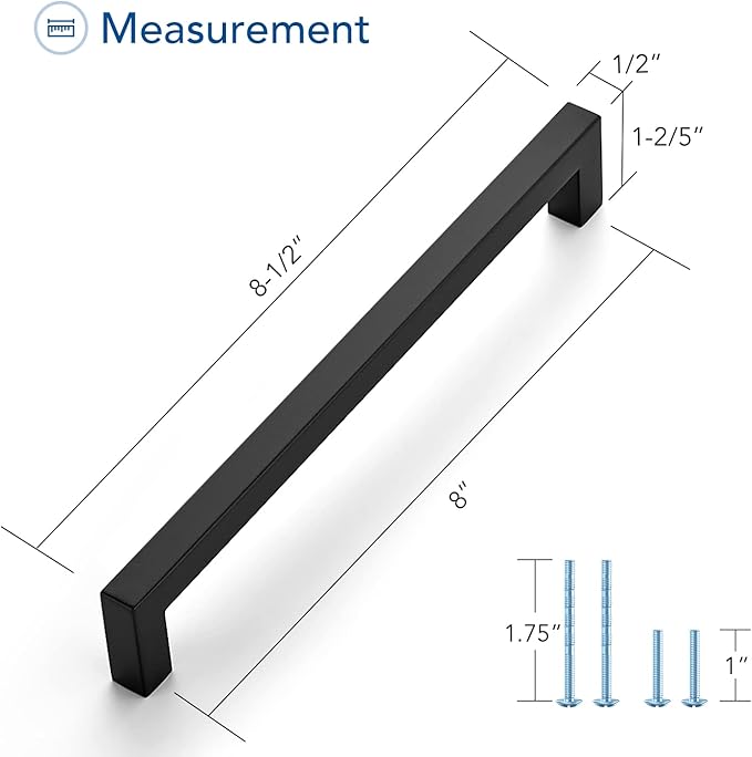 Ravinte 1 Pack Black Cabinet Pulls 8 Inch Square Kitchen Cabinet Handles Matte Black Kitchen Hardware for Drawer Pulls Drawer Handles Come with Screwdriver