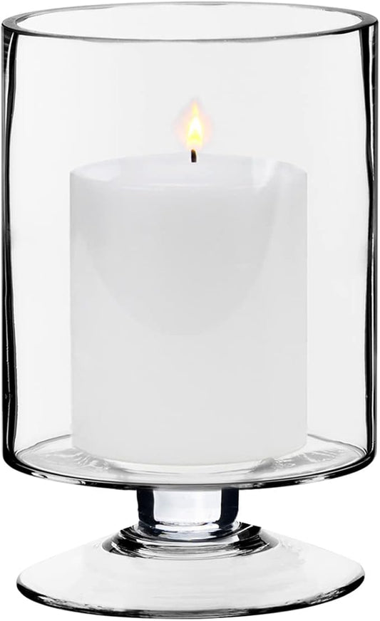 CYS EXCEL Glass Hurricane Pillar Candle Holder (H:8" W:4.75") | Multiple Size Choices Short Stem Candle Centerpieces | Stemmed Glass Cylinder Candle Vase