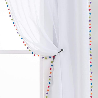 Treatmentex White Linen Sheer Curtains for Living Room 95" Long Colorful Pompoms Kids Window Draperies for Nursery Room Baby Voiles 2 Panels