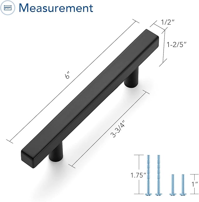 Ravinte Cabinet Handles 15 Pack - 3-3/4 Inch Matte Black Square Pulls, 6 Inch Overall Length - Kitchen Hardware Drawer Pulls