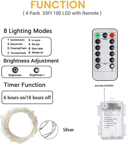 100 LED Fairy Lights Battery Operated with Remote, 33FT Waterproof Twinkle Lights with Timer & 8 Modes, Fairy String Lights Outdoor Indoor for Bedroom Classroom DIY Christmas Decor (Cool White)