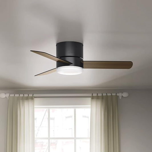 Hunter 44 inch Indoor Ceiling Fan with Light and Remote Control - For Bedroom or Living Room, Low Profile Mount, Black Modern Ceiling Fan with LED Light, Quiet, 3 Blades - Minimus 59453, Matte Black
