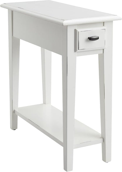 Haven Ridge Narrow End Table, Solid Wood Side Table with Drawer and Shelf, Farmhouse White, Perfect for Living Rooms, Bedrooms, and Small Spaces – Leick Home, 214361