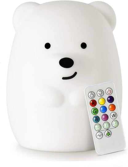Large Bear Night Light for Kids, Silicone nightlights Bedside Table Lamps Baby Bedroom Lighting Nursery Children's Bed Lights - Eye Caring, Adjustable Brightness & Color, Time Setting - Large