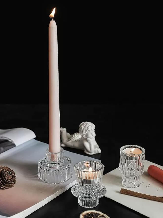 Vixdonos Glass Candlestick Holders Tealight Candle Holders for Table Centerpieces, Wedding Decor and Dinner Party (6 Pcs, Clear)